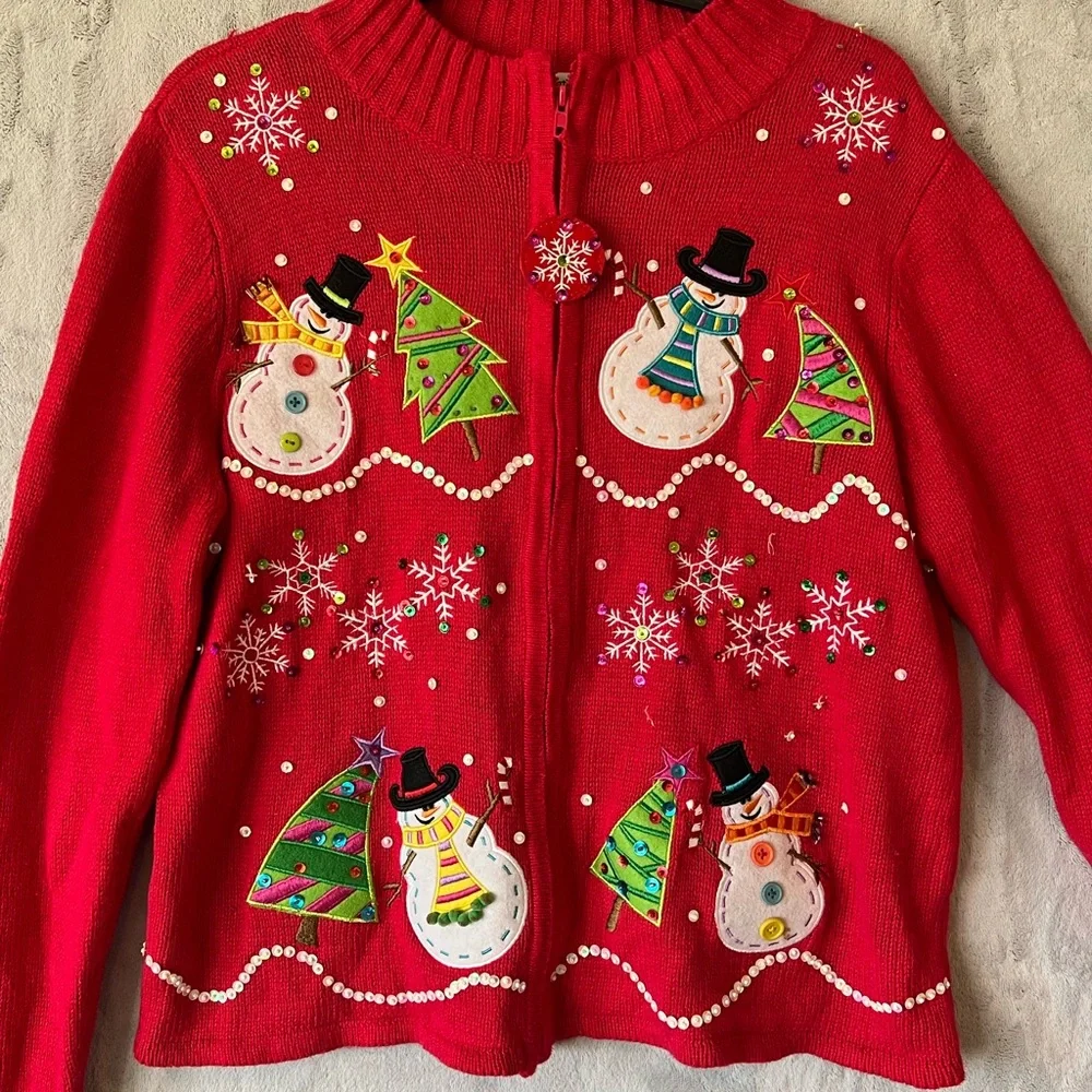 Christmas Sweater Holiday Red Snowman Cardigan - Picture 1 of 9